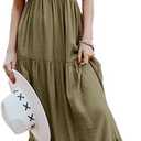 Amegoya Women's Summer Floral Print Maxi Dress Women Chiffon Long Flowy Bohemian Beach Party Dresses（XL Olive Green）