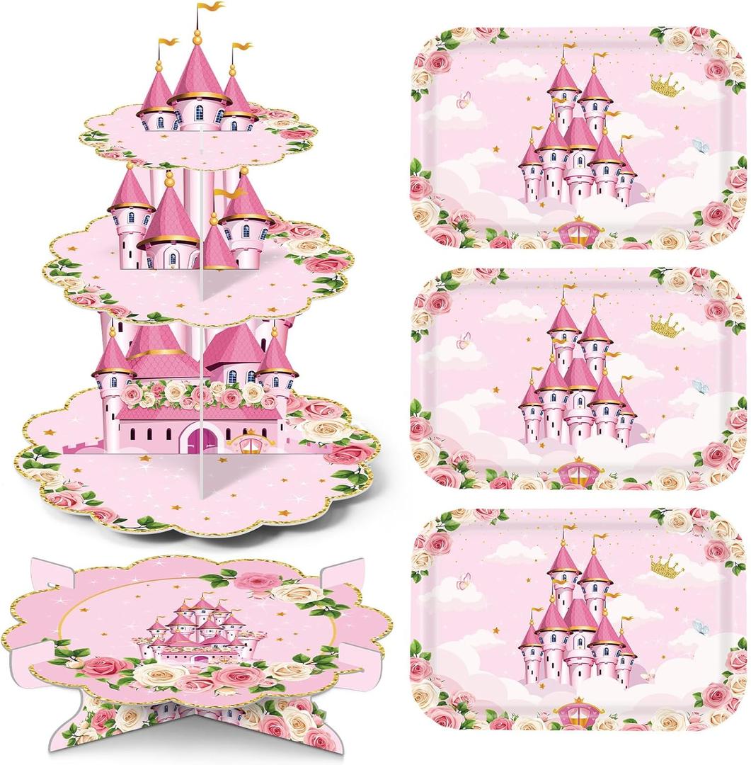 5 Pcs Princess Cupcake Stand Princess Birthday Party Decorations 3 Tier Castle Cupcake Stand, 1 Tier Cake Holder, 3 Floral Serving Trays for Birthday Baby Shower Wedding Tea Party Supplies