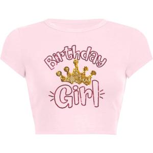 Birthday Shirt Women Birthday Girl Graphic Tee Funny Crop Top Glitter Short Sleeve Crewneck Outfit (Pink, L)