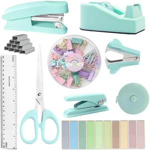 Green Office Supplies, Teal Desk Accessories Kit for Women Gift, Tape Dispenser, Stapler with Remover, Scissors, 1000 Staples, Tacks Clips, Ruler, Sticky Notes, Index Tabs(Mint Green)