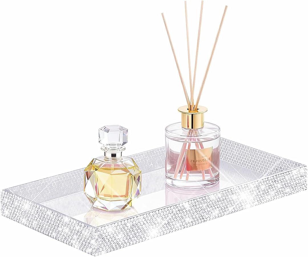 Bling Bathroom Tray for Countertop, Shiny Acrylic Tray for Perfume Jewelry Makeup, Vanity Trays for Soap Dispenser,Aromatherapy,Cup & Candle, Guest Towel Holder Tray for Napkin (Silver)