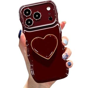 Cute Case for iPhone 17 Pro Max 6.9'', Red Soft TPU Shape Shockproof Protective Cover with Stand, Luxury Bumper Wave Frame Curly Shape Love Heart Holder Kickstand Phone Case for Girls Women
