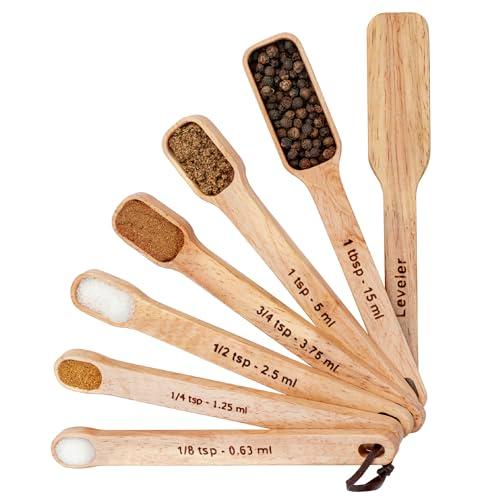IMPRESA 7-Piece Narrow Wooden Measuring Spoons Set - 7 Sizes 1 TBSP-1/8 TSP Brown Rubberwood - Rectangular Design for Spice Jars - Laser-Etched Standard & Metric with Leveler & Leather Tie