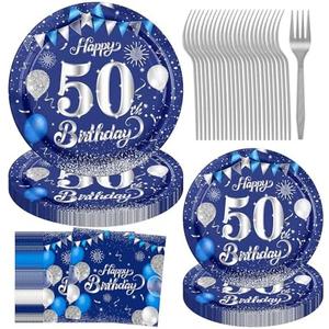 50th Birthday Decorations for Men, 96PCS 50th Birthday Decor 50th Birthday Plates and Napkins Blue and Silver Happy 50th Birthday Decorations 1974 50 Year Old Mens Birthday Decorations Serves 24