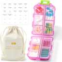 1 Pack Travel Pill Organizer w Labels & 1 Drawstring Pouch, Small 10 Compartments Pocket Pharmacy, Handy Pill Holder Box - Portable Medicine Container Case - Daily Weekly Medication Organizer - Pink