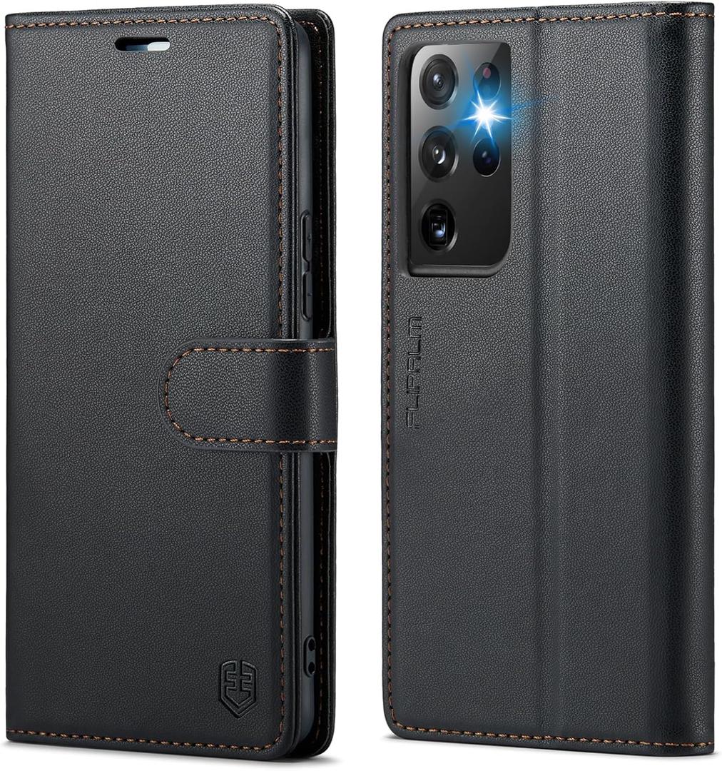 Samsung Galaxy S21 Ultra Wallet Case Phone Case Black | RFID Blocking, Credit Card Holder, PU Leather, Folio Flip, Kickstand, Protective, Shockproof, Cover, Women Men
