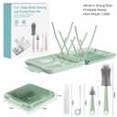 Bottle Brush Set -Baby Travel Essential-6 in 1 Bottle Cleaner Kit with Silicone Bottle Brush,Nipple Cleaner Brush,Straw Brush,Soap Dispenser,Storage Box,Bottle Drying Rack for Home and Travel(Green)