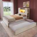 DWVO Twin Size Bed with Trundle, Bookcase Bed Frame with Storage Headboard and Charging Station, RGB LED Lights Bed with Wooden Support with Type-C, No Box Spring Needed, Noise Free, White