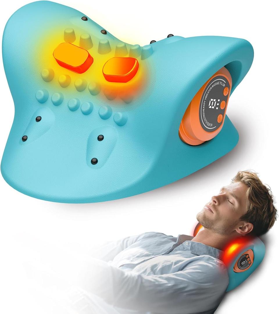 Neck Massager Pillow, Portable Neck Stretcher with Heat, 3 Adjustable Modes for Deep Tissue Pain Relief, 26 Angle Cervical Traction Device for Shoulder, Back (8.4*7.9*4.3 Inch, Blue)