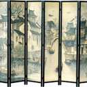 MyGift 6 Panel Room Divider Privacy Partition with Dual-Sided Vintage Asian Water Village Ink Brushed Print Design, 6FT Black Wood Framed Decorative Artwork Folding Screen 94.6''W x 68.9''H