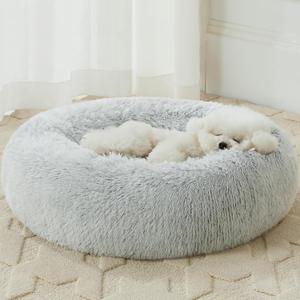 WNPETHOME Calming Dog Bed Cat Bed Donut, Faux Fur Pet Bed Self-Warming Donut Cuddler, Comfortable Round Plush Dog Beds (light grey)