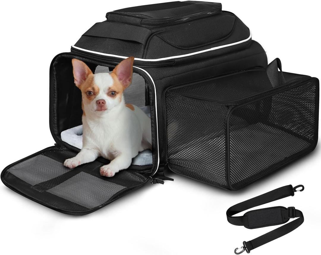 Petskd Top and Side Expandable Pet Carrier 18x13x9.5 Inches Southwest Airline Approved, Soft-Sided Carrier for Small Cats and Dogs with Locking Safety Zippers and Anti-Scratch Mesh(Black)