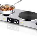 Hot Plate, Techwood 1800W Portable Electric Stove for Cooking Countertop Dual Burners with Adjustable Temperature & Handles, 7.5 Cooktop for Home/RV/Camp, Compatible for All Cookwares, Silver