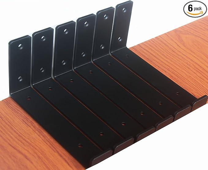6 Pack  7.25" L x 4" H x 1.5" W J Lip Shelf Brackets Rustic Farmhouse Iron Wall Floating Shelf Bracket Metal Shelf Bracket Industrial Shelf Supports with Screws Black