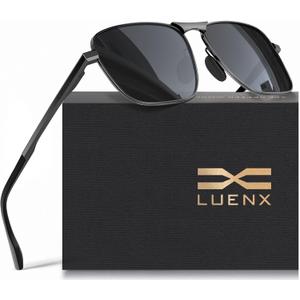 LUENX Rectangular Polarized Aviator Sunglasses for Men Retro Pilot Shades Driving UV400 Protection (Black Lens/Gunmetal Frame)