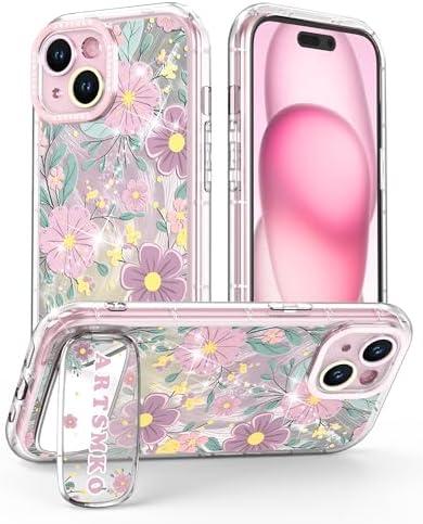 ARTSMKO Super Shiny Cute Purple Flower Phone Case: Fashion Mirror Bracket & Floral Leaf Design Compatible with iPhone 11, Suitable for Girls and Women (11)