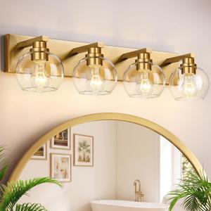 Bathroom Light Fixtures, 4-Light 29 Inch Brushed Gold Bathroom Vanity Light, Modern Wall Sconces with Clear Glass Globe Shades, Vanity Lighting Fixtures Over Mirror, E26 Socket (Bulbs Not Included)