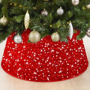 FOTSHARER Red Christmas Tree Collar 28.8 Inch Large Tree Collar Velvet Round Tree Base Metallic Tree Skirt Vintage Christmas Tree Skirt Box Sequins Xmas Tree Ring for Christmas Family Gathering Party