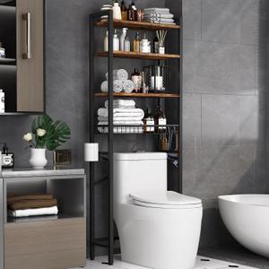 Kalrin Over-The-Toilet Storage Rack, 4-Tier Bathroom Organizer Shelf Over Toilet with Adjustable Shelf and Basket, Freestanding Space Saver Bathroom Shelves Above Toilet for Room (Vintage Brown), X-Large