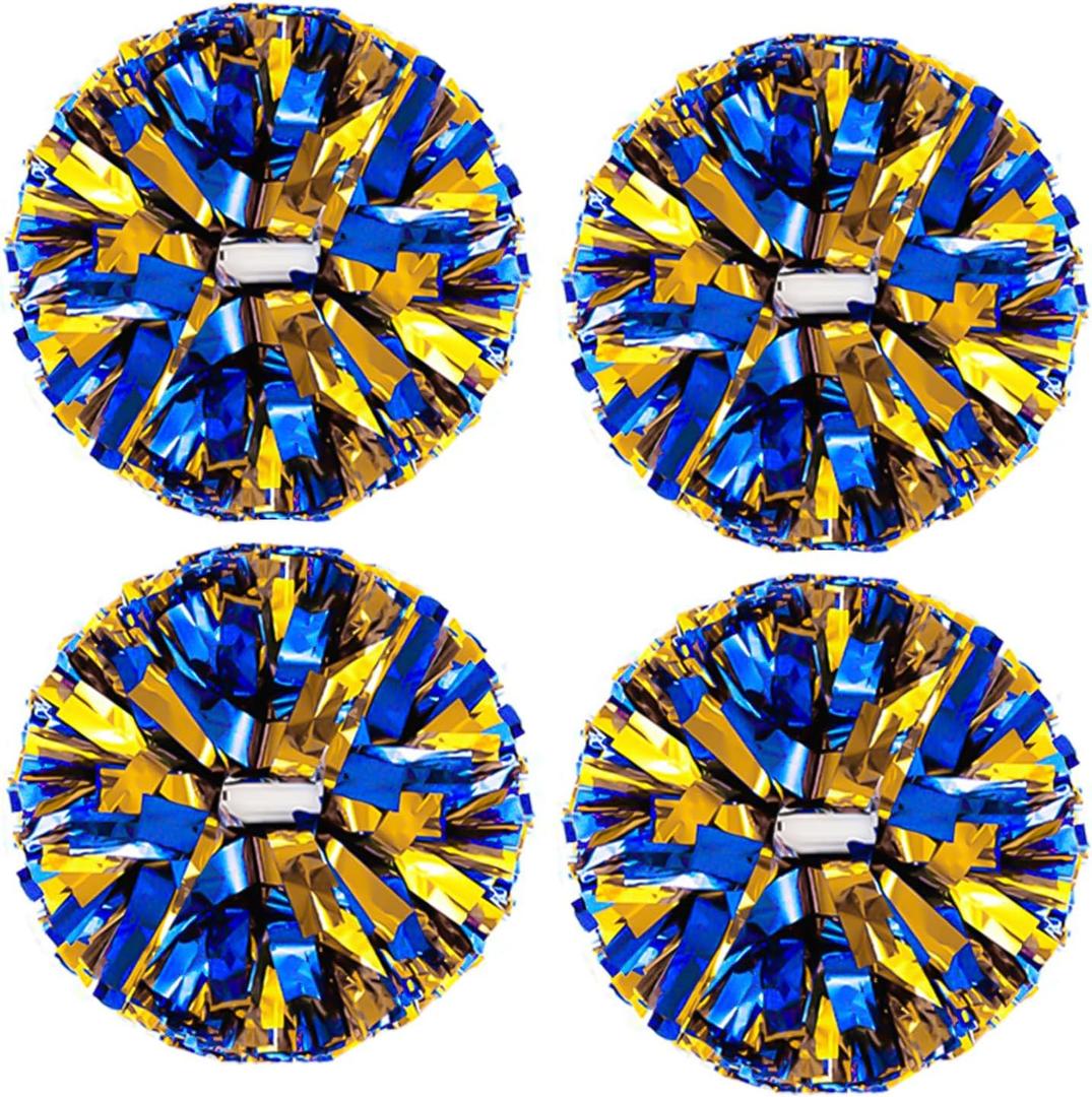 4Pcs Metallic Cheerleading Pom Poms, Creatiee 2 Pair Cheerleader Cheering Squad Pompoms for School Sports Dance Games Team Spirit Cheer (Blue-Gold)