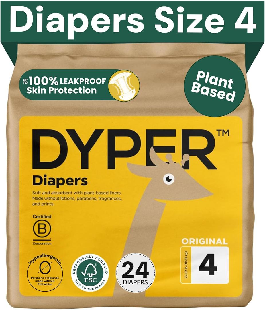 DYPER Baby Diapers Size 4 (24 Count)  Plant-Based, Hypoallergenic, Fragrance-Free & Ultra Absorbent Disposable Diapers for Day and Overnight Skin Protection, Single Pack Size 4 Diapers