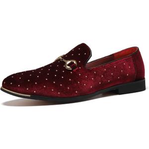 LCQL Men's Velvet Penny Loafers Slip on Party Dancing Shoes Embroidered Tuxedo Dress Shoes Pointed Toe Loafers K12 Burgundy Size 10