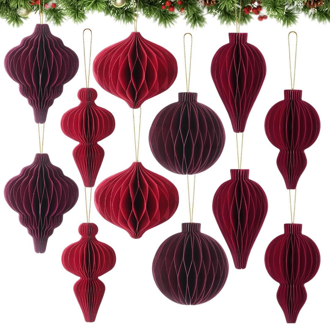 Watersay 12 Pcs Christmas Paper Honeycomb Ornaments Neutral Paper Lantern Ornament Vintage 3D Hanging Honeycomb Balls for Christmas Tree Party Decorations (Red Tones)