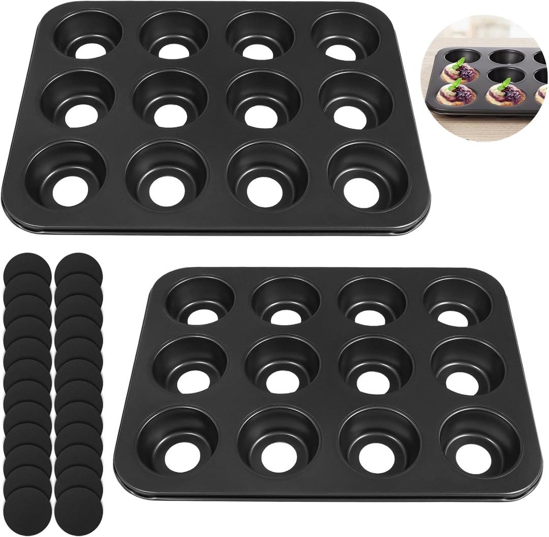 2 Pcs Mini Cheesecake Pans, 12-Cavity Muffin Cupcake Pans with Removable Bottom, Non-Stick Carbon Steel Baking Pans, 12 Hole Mini Sandwich Tins with Loose Bases, 13.8×10.4"