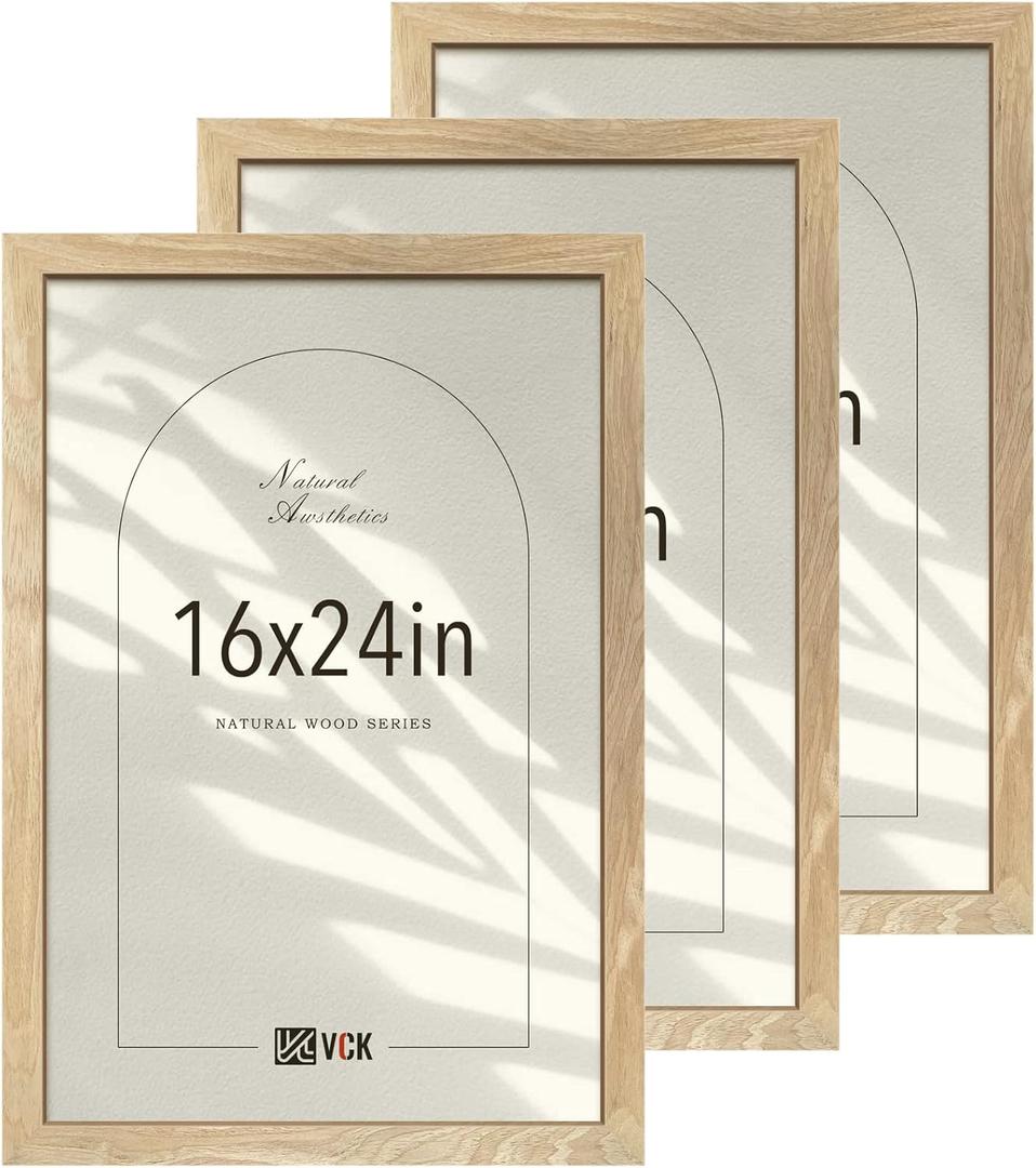 VCK 16x24 Natural Wood Frame for Poster & Picture, Solid Wood Photo Frames 3 Pack, Wall Gallery Frame VCK 16x24 Natural Wood Frame for Poster & Picture, Solid Wood Photo Frames 3 Pack, Wall Gallery Frame