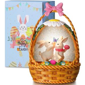Easter Snow Globe Bunny Snow Globe Basket with Timer, USB and Battery Powered, Easter Decorations for Home Eggs Basket, 4.5"L x 2.6"W x 10.2"H