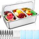 Tessco for you Ice Food Spice Serving Display Countertop Chilled Condiment Container Set with Lid, Stainless Steel Salad Caddy for Buffet Restaurant Kitchen Party(3 Compartments)