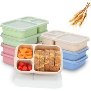 8-Pack 3 Compartment Meal Prep Containers with Lids, Wheat Straw Plastic, Microwave/Dishwasher/Freezer Safe, Stackable