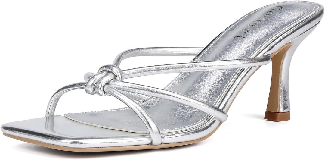 Goderci Kitten Strappy Heels for Women Knotted Square Open Toe Slip On Mule Heels Mid Heeled Sandals 8.5