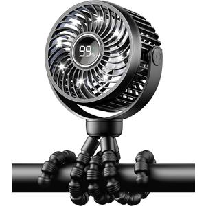 Mini Portable Stroller Fan for Travel,360 Rotation,4-Speed LED Night Light Clip on Fans Operated by Rechargeable Battery, Cordless Fan with Tripod Car Seat Baby Pram (White)