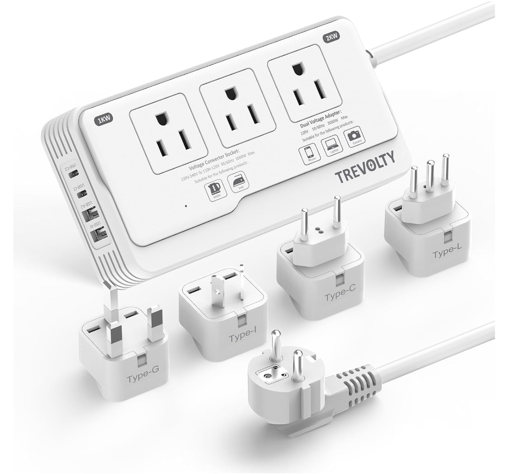 2000W Voltage Converter US to Europe for Hair Dryer, 220V to 110V Converter for European Travel with 3 AC 2 USBC 2 USBA Ports, European Travel Plug Adapter with Type C/G/I/L (White)
