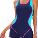 Women's Swimming Suit Tummy Control One Piece Swimsuit Modest Junior Boyleg Bathing Suit (Medium, Blue)