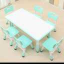 Children's Table and Chair Set Suitable for Boys and Girls Age 2-12 Height Adjustable Table top Can be Painted with 6 Seats Suitable for Family Learning Daily use (Mint Green)
