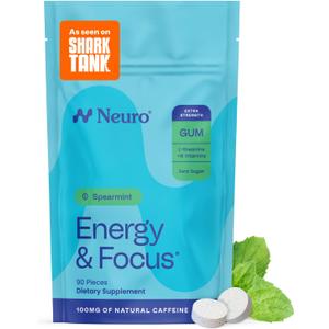 Neuro Energy & Focus Gum, Extra Strength - 100mg Natural Caffeine Gum & Nootropic Energy Supplement with L-Theanine & B Vitamins - Sugar Free, Vegan - Spearmint, 90ct
