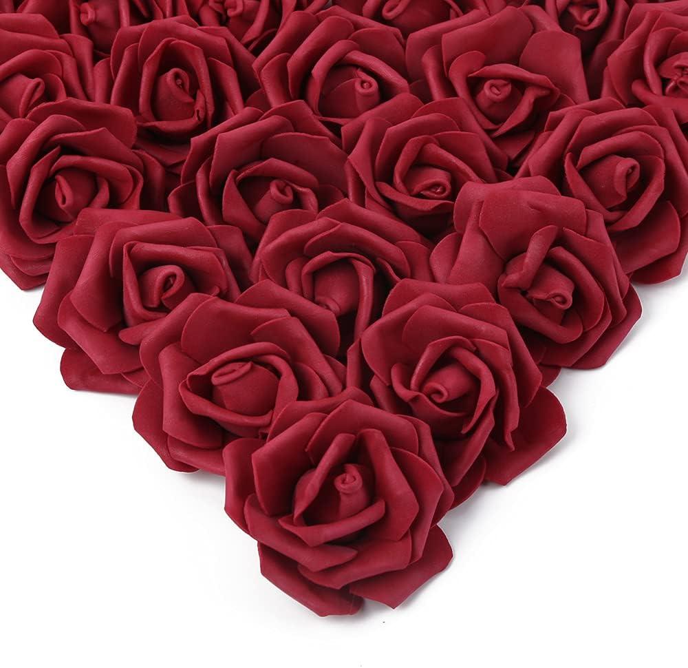 IPOPU Artificial Rose Flower Heads, 100 Pcs Real Looking Burgundy Foam Fake Roses for DIY Wedding Baby Shower Centerpieces Arrangements Party Tables Home Decorations (Wine red, Stemless)