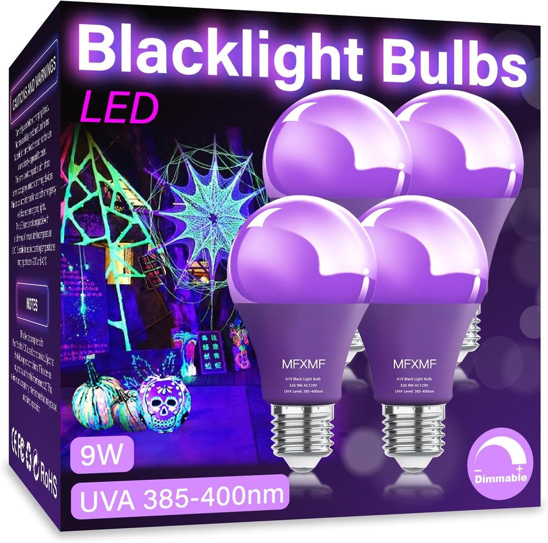 4 Pack A19 LED Black Light Bulbs,9W (100W Equivalent) E26 Base Dimmable Black Lights, UVA Level 385-400NM, Halloween Light BulbsGlow in The DarkFluorescent Poster, Body Paint,Neon Glow Party