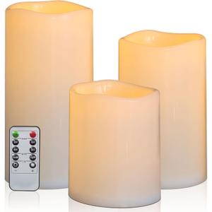 6" 8" 10" x 5" Waterproof Outdoor Flameless Candles Battery Operated LED Flickering Pillar Candles with Remote and Timer for Indoor Outdoor Lanterns, Long Lasting, Ivory White Large, Set of 3