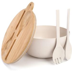 ShineMe Large Salad Bowl with Lid, 9.8inches White Salad Serving Bowl Set with Utensils, Bamboo Wooden Salad Bowl with Multifunctional Lid with Handle and Silicone Seal Ring