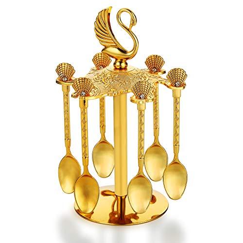 Decorative Swan Base Holder with 6 Spoons, Fancy Tea Spoons Coffee Dessert, Teaspoons, Jam Spoon for Fruit, Stirring, Mixing, Sugar, Ice Cream, Cake (Gold)