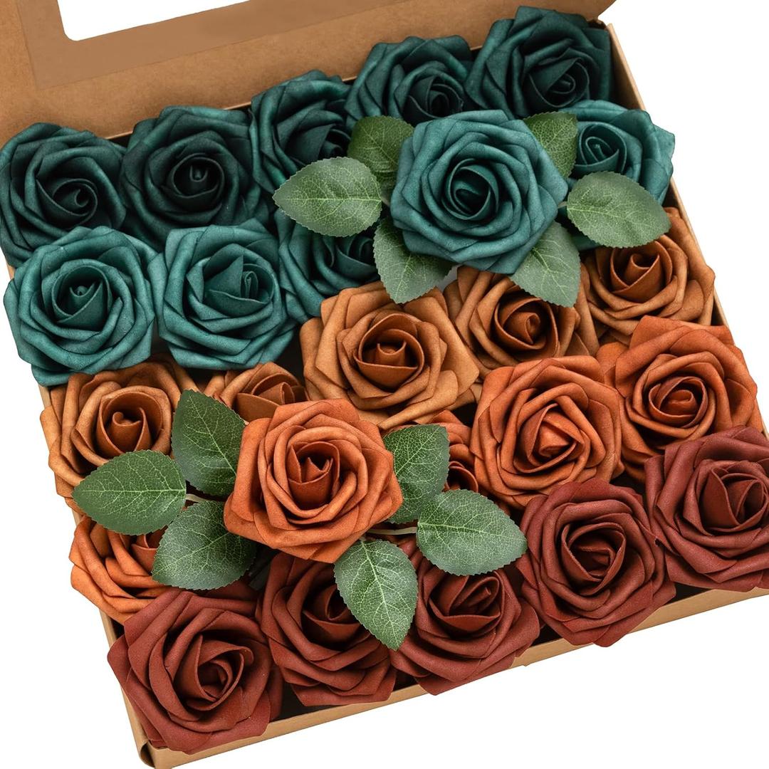Ling's moment Artificial Flowers, 25Pcs 3" Roses in Teal Shades, Realistic DIY Foam Floral Decor for Wedding Bouquets/Centerpieces, Outdoor Party Backdrops, Room/Table, and Garden/Pot Decorations