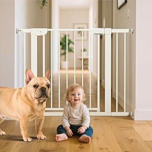 MUTAK 29.5-40.6" Magnetic Baby Gate for Stairs, Pressure Mounted Dog Gate Indoor, Auto Close Pet Gate for Doorways No Drilling, Easy Install Baby Essentials with Large Walk Thru Door, White