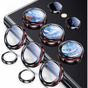 Uyiton for Samsung Galaxy S24 Ultra Camera Lens Protector - [Case-Friendly][Not Easy to Break] Military-Grade Tempered Glass with Aluminum Metal Rear Camera Screen Cover - Black+Red (6.8 inch)