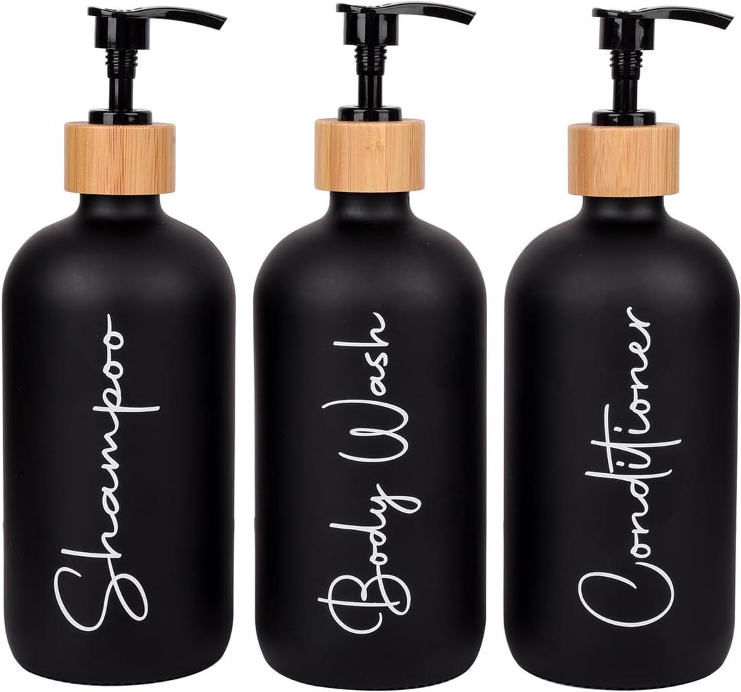 Glass Shampoo and Conditioner Pump Bottles Soap Dispenser Bamboo Pump Head Empty Glass Refillable Shampoo Conditioner Body Wash Soap Bottles for Bathroom, 17 oz, 3 Pack, Black
