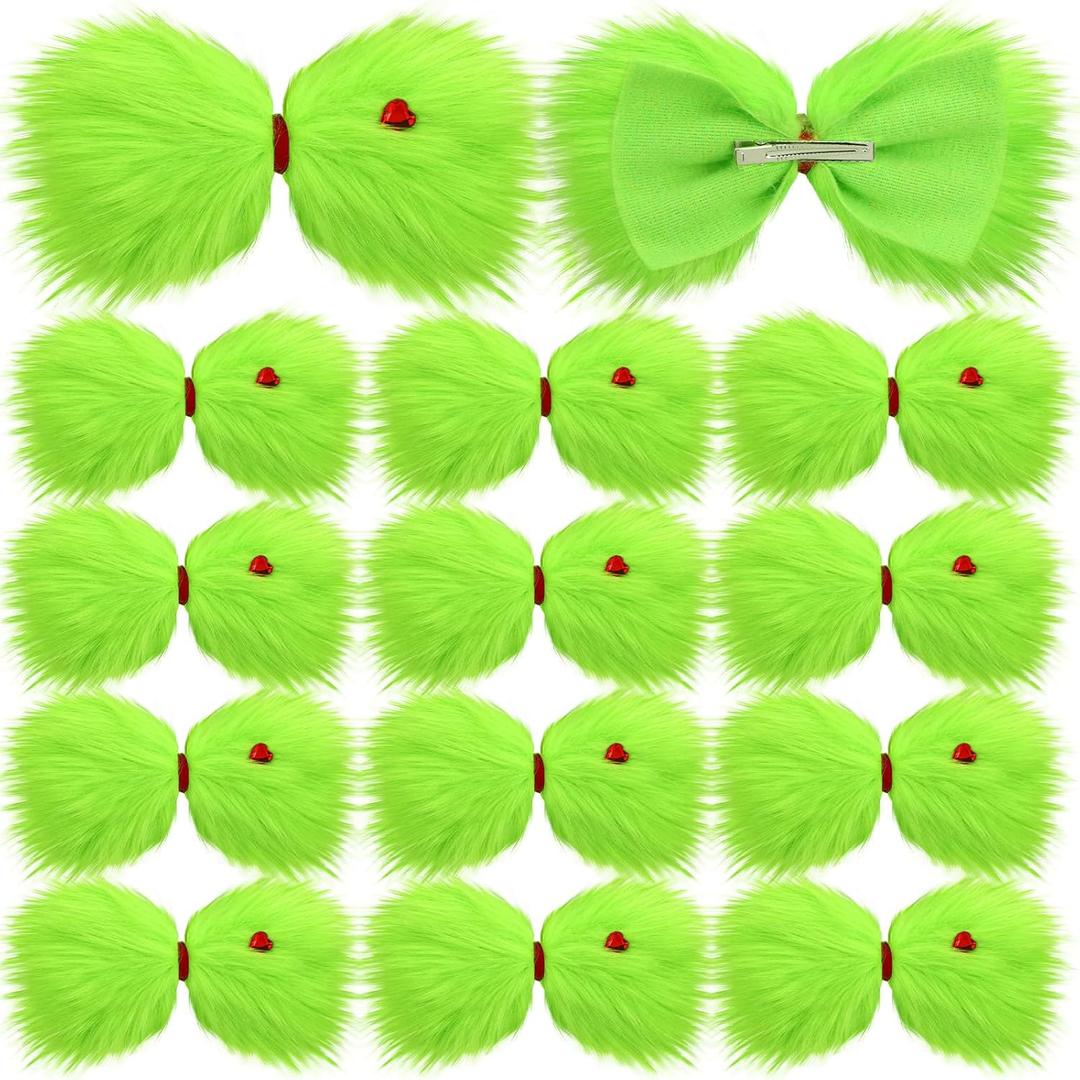 Suncalla 12 Pcs Christmas Hair Bow for Girls, 7 Inch Green Furry Hair Bow Clips with Red Heart, Christmas Decorations Gifts Costume Accessories Women Girls