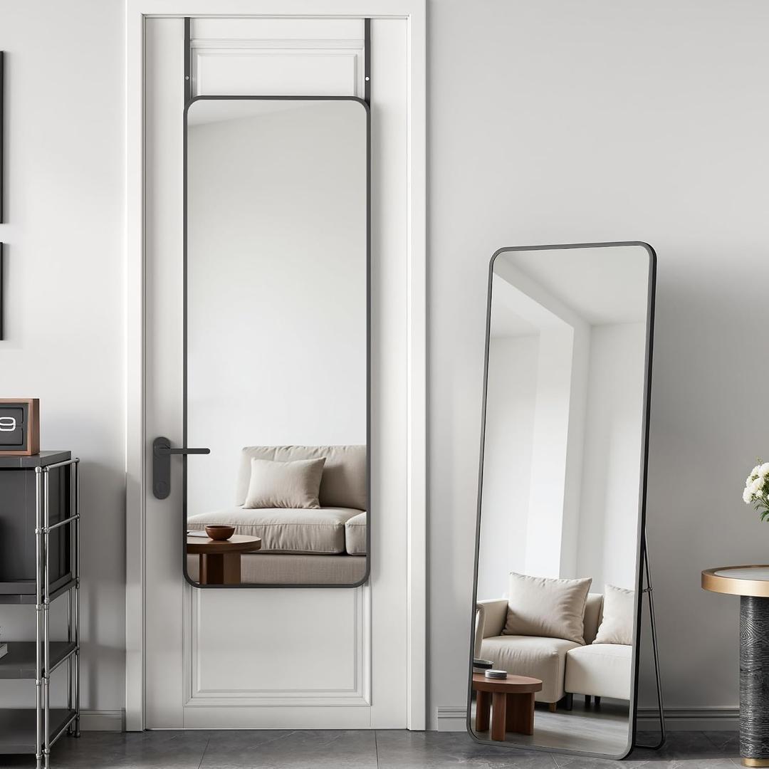 Antok Over The Door Mirror Full Length, 49'' x 14''Wall Mounted Hanging Mirror, Aluminum Alloy Frame, Shatterproof Glass, No Drill Installation for Bedroom, Closet, Bathroom, Dorm, Round Corner,Black