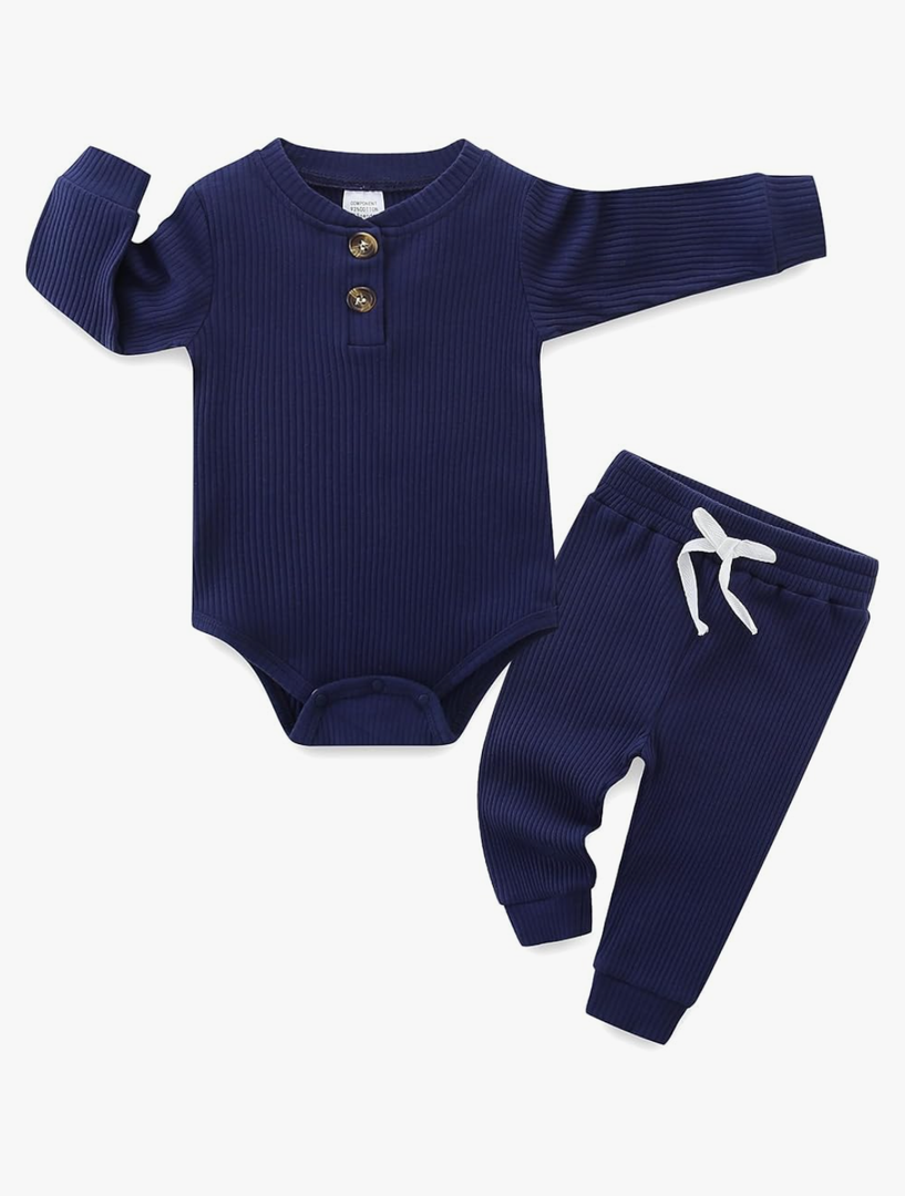 Hikido Newborn Baby Boy Girl Clothes Infant Ribbed Romper Cotton Long Sleeve Pant Sets for 0~3 Infant